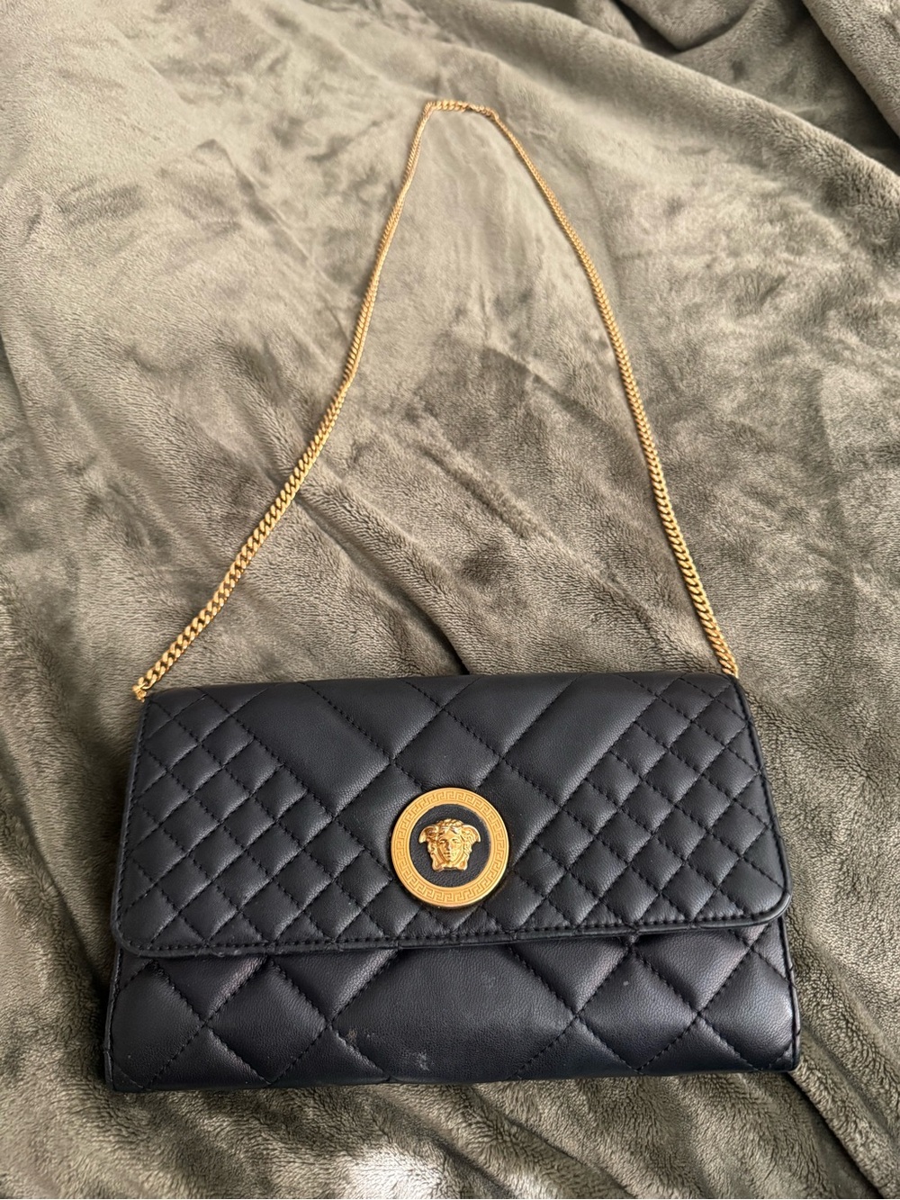Quilted Black Leather Chain Shoulder Bag with Gold Medallion